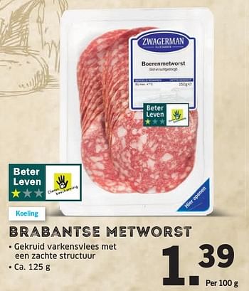 Aanbiedingen Brabantse metworst - Zwagerman - Geldig van 31/10/2016 tot 06/11/2016 bij Lidl