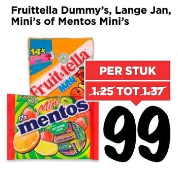 Aanbiedingen Fruittella dummy`s, lange jan, mini`s of mentos mini`s - Huismerk Vomar - Geldig van 06/11/2016 tot 12/11/2016 bij Vomar