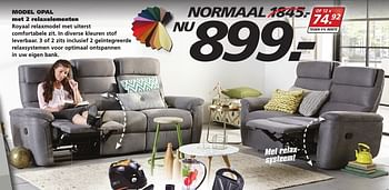 Aanbiedingen Model opal met 2 relaxelementen - Huismerk - Seats and Sofas - Geldig van 07/11/2016 tot 12/11/2016 bij Seats and Sofas