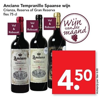 Aanbiedingen Anciano tempranillo spaanse wijn - Rode wijnen - Geldig van 06/11/2016 tot 12/11/2016 bij Deen Supermarkten