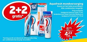 Aanbiedingen Tandpasta intense clean, tandenborstel clean controle medium en tandpasta freshmint - Aquafresh - Geldig van 08/11/2016 tot 13/11/2016 bij Trekpleister