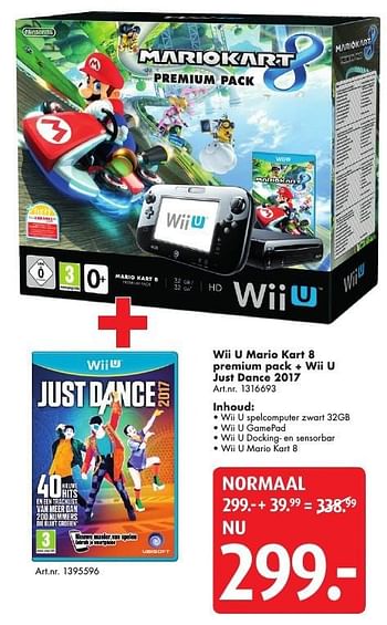 Aanbiedingen Wii u + mario kart 8 premium pack + wii u just dance 2017 - Nintendo - Geldig van 29/10/2016 tot 13/11/2016 bij Bart Smit
