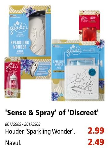 Aanbiedingen Sense + spray of discreet houder sparkling wonder - Glade - Geldig van 03/11/2016 tot 16/11/2016 bij Marskramer