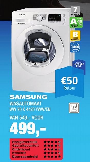 Aanbiedingen Samsung wasautomaat ww 70 k 4420 yww-en - Samsung - Geldig van 10/11/2016 tot 16/11/2016 bij Electro World