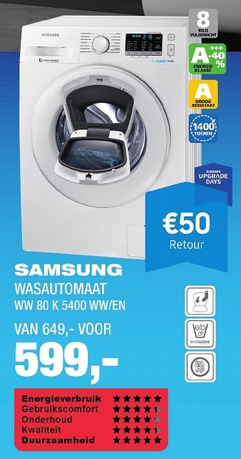 Aanbiedingen Samsung wasautomaat ww 80 k 5400 ww-en - Samsung - Geldig van 10/11/2016 tot 16/11/2016 bij Electro World