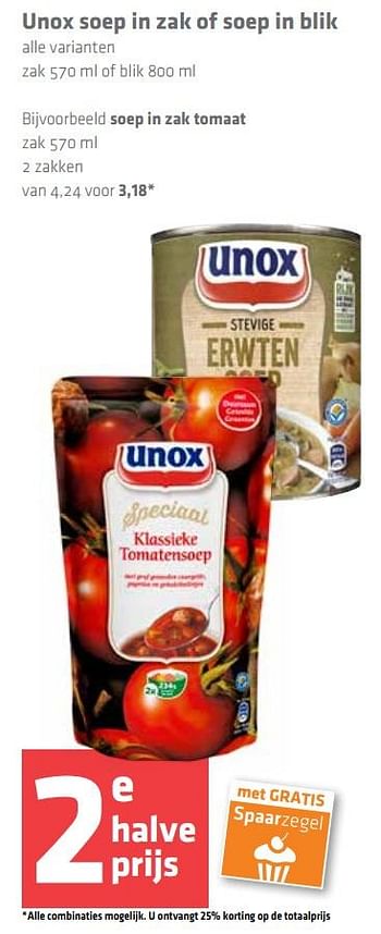 Aanbiedingen Unox soep in zak of soep in blik soep in zak tomaat - Unox - Geldig van 10/11/2016 tot 16/11/2016 bij Spar