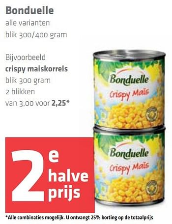 Aanbiedingen Bonduelle crispy maiskorrels - Bonduelle - Geldig van 10/11/2016 tot 16/11/2016 bij Spar