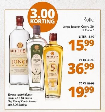 Aanbiedingen Rutte jonge jenever, celery gin of oude 5 - Rutte - Geldig van 06/11/2016 tot 19/11/2016 bij Mitra