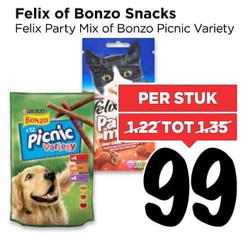 Aanbiedingen Felix of bonzo snacks felix party mix of bonzo picnic variety - Huismerk Vomar - Geldig van 13/11/2016 tot 19/11/2016 bij Vomar