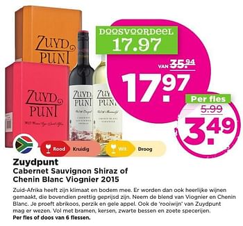 Aanbiedingen Zuydpunt cabernet sauvignon shiraz of chenin blanc viognier 2015 - Rode wijnen - Geldig van 13/11/2016 tot 19/11/2016 bij Plus