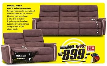 Aanbiedingen Model ruby met 2 relaxelementen - Huismerk - Seats and Sofas - Geldig van 14/11/2016 tot 19/11/2016 bij Seats and Sofas