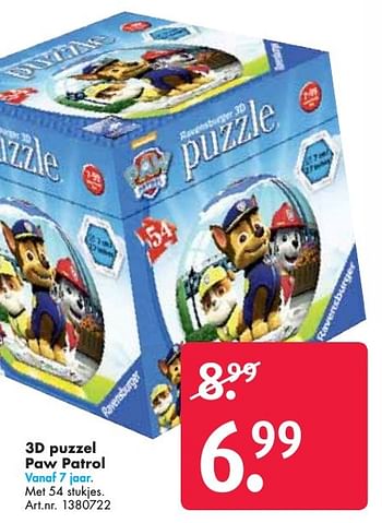 Aanbiedingen 3d puzzel paw patrol - PAW  PATROL - Geldig van 26/09/2016 tot 07/12/2016 bij Bart Smit