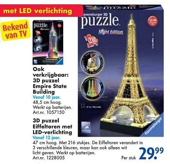 Aanbiedingen 3d puzzel eiffeltoren met led-verlichting - Ravensburger - Geldig van 26/09/2016 tot 07/12/2016 bij Bart Smit