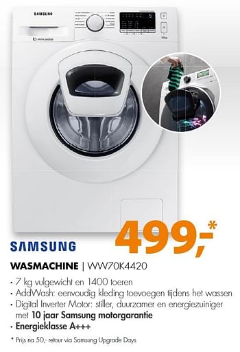 Aanbiedingen Samsung wasmachine ww70k4420 - Samsung - Geldig van 14/11/2016 tot 20/11/2016 bij Expert