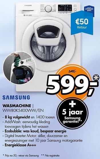 Aanbiedingen Samsung wasmachine ww80k5400ww-en - Samsung - Geldig van 14/11/2016 tot 20/11/2016 bij Expert