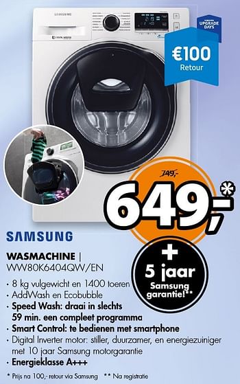 Aanbiedingen Samsung wasmachine ww80k6404qw-en - Samsung - Geldig van 14/11/2016 tot 20/11/2016 bij Expert