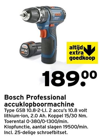 Aanbiedingen Bosch professional accuklopboormachine type gsb 10.8-2-li - Bosch - Geldig van 14/11/2016 tot 20/11/2016 bij Gamma