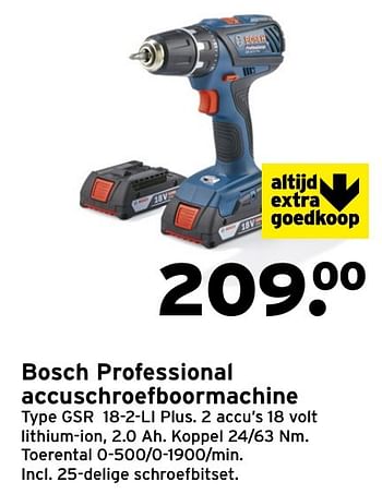 Aanbiedingen Bosch professional accuschroefboormachine type gsr 18-2-li plus - Bosch - Geldig van 14/11/2016 tot 20/11/2016 bij Gamma