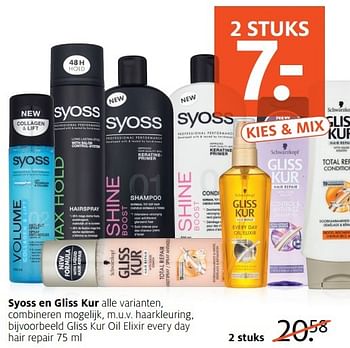 Aanbiedingen Gliss kur oil elixir every day hair repair - Syoss - Geldig van 06/11/2016 tot 20/11/2016 bij Etos