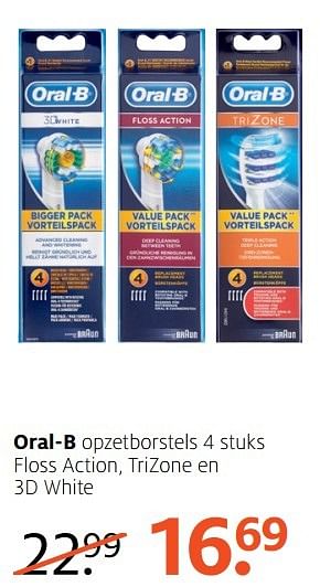 Aanbiedingen Oral-b opzetborstels 4 stuks floss action, trizone en - Oral-B - Geldig van 06/11/2016 tot 20/11/2016 bij Etos