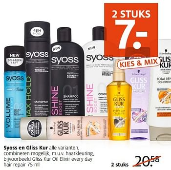 Aanbiedingen Syoss en gliss kur gliss kur oil elixir every day hair repair - Syoss - Geldig van 14/11/2016 tot 20/11/2016 bij Etos