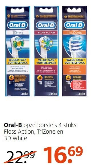 Aanbiedingen Oral-b opzetborstels 4 stuks floss action, trizone en 3d white - Oral-B - Geldig van 14/11/2016 tot 20/11/2016 bij Etos