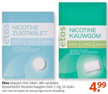 Aanbiedingen Etos nicotine kaugom mint - Huismerk - Etos - Geldig van 14/11/2016 tot 20/11/2016 bij Etos