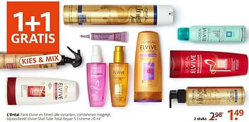 Aanbiedingen L`oréal paris elvive en elnett shot tube total repair - L'Oreal Paris - Geldig van 14/11/2016 tot 20/11/2016 bij Etos