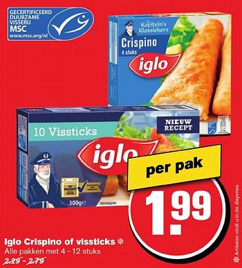 Aanbiedingen Iglo crispino of vissticks - Iglo - Geldig van 12/11/2016 tot 22/11/2016 bij Hoogvliet