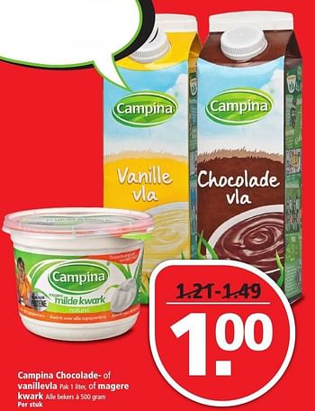 Aanbiedingen Campina chocolade- of vanillevla of magere kwark - Campina - Geldig van 20/11/2016 tot 26/11/2016 bij Plus