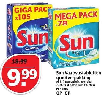 Aanbiedingen Sun vaatwastabletten grootverpakking - Sun - Geldig van 20/11/2016 tot 26/11/2016 bij Plus