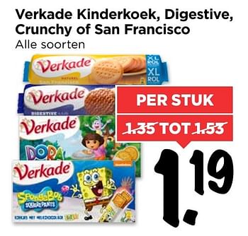 Aanbiedingen Verkade kinderkoek, digestive, crunchy of san francisco - Verkade - Geldig van 20/11/2016 tot 26/11/2016 bij Vomar