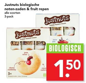 Aanbiedingen Justnuts biologische noten-zaden + fruit repen - Just Nuts - Geldig van 20/11/2016 tot 26/11/2016 bij Deen Supermarkten