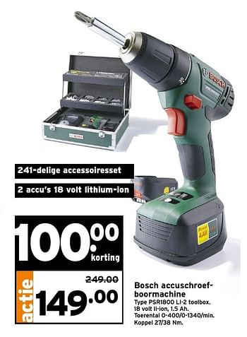 Aanbiedingen Bosch accuschroefboormachine psr1800 li-2 toolbox - Bosch - Geldig van 20/11/2016 tot 27/11/2016 bij Gamma