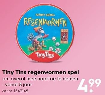 Aanbiedingen Tiny tins regenwormen spel - 999games - Geldig van 30/10/2016 tot 05/12/2016 bij Blokker