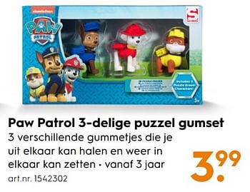 Aanbiedingen Paw patrol 3-delige puzzel gumset - PAW  PATROL - Geldig van 30/10/2016 tot 05/12/2016 bij Blokker