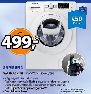 Aanbiedingen Samsung wasmachine ww70k4420yw-en - Samsung - Geldig van 20/11/2016 tot 27/11/2016 bij Expert