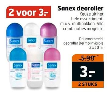 Aanbiedingen Deoroller dermo invisible - Sanex - Geldig van 20/11/2016 tot 27/11/2016 bij Trekpleister