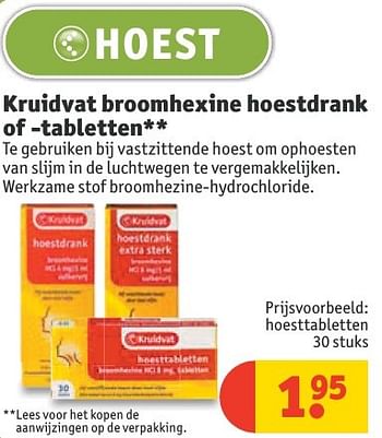Aanbiedingen Kruidvat broomhexine hoestdrank of -tabletten hoesttabletten - Huismerk - Kruidvat - Geldig van 20/11/2016 tot 27/11/2016 bij Kruidvat