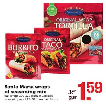 Aanbiedingen Santa maria wraps of seasoning mix - Santa Maria - Geldig van 21/11/2016 tot 27/11/2016 bij Coop