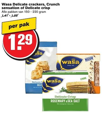 Aanbiedingen Wasa delicate crackers, crunch sensation of delicate crisp - Wasa - Geldig van 23/11/2016 tot 29/11/2016 bij Hoogvliet