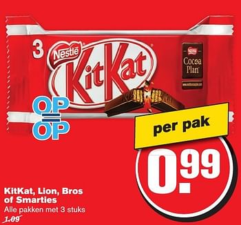 Aanbiedingen Kitkat, lion, bros of smarties - Nestlé - Geldig van 23/11/2016 tot 29/11/2016 bij Hoogvliet