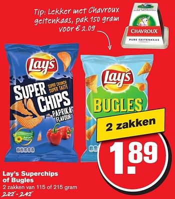 Aanbiedingen Lay`s superchips of bugles - Lay's - Geldig van 23/11/2016 tot 29/11/2016 bij Hoogvliet