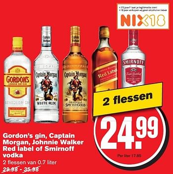 Aanbiedingen Gordon`s gin, captain morgan, johnnie walker red label of smirnoff vodka - Johnnie Walker - Geldig van 23/11/2016 tot 29/11/2016 bij Hoogvliet