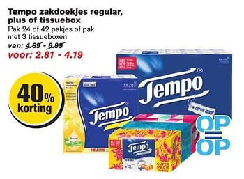 Aanbiedingen Tempo zakdoekjes regular, plus of tissuebox - Tempo - Geldig van 23/11/2016 tot 29/11/2016 bij Hoogvliet