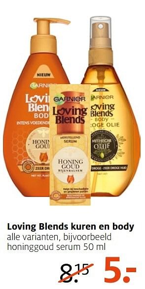 Aanbiedingen Loving blends kuren en body honinggoud serum - Garnier - Geldig van 21/11/2016 tot 04/12/2016 bij Etos