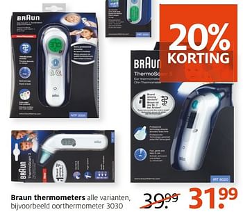 Aanbiedingen Braun thermometers oorthermometer 3030 - Braun - Geldig van 21/11/2016 tot 04/12/2016 bij Etos