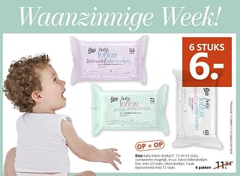 Aanbiedingen Etos baby lotion doekjes mild - Huismerk - Etos - Geldig van 28/11/2016 tot 04/12/2016 bij Etos