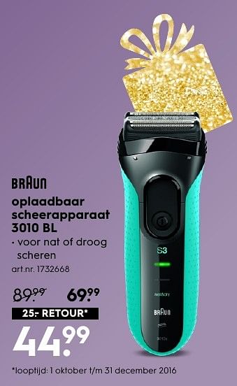 Aanbiedingen Braun oplaadbaar scheerapparaat 3010 bl - Braun - Geldig van 13/11/2016 tot 05/12/2016 bij Blokker
