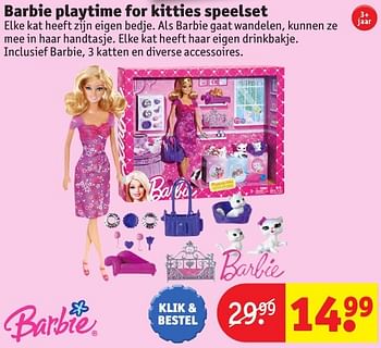 Aanbiedingen Barbie playtime for kitties speelset - Mattel - Geldig van 24/10/2016 tot 19/12/2016 bij Kruidvat